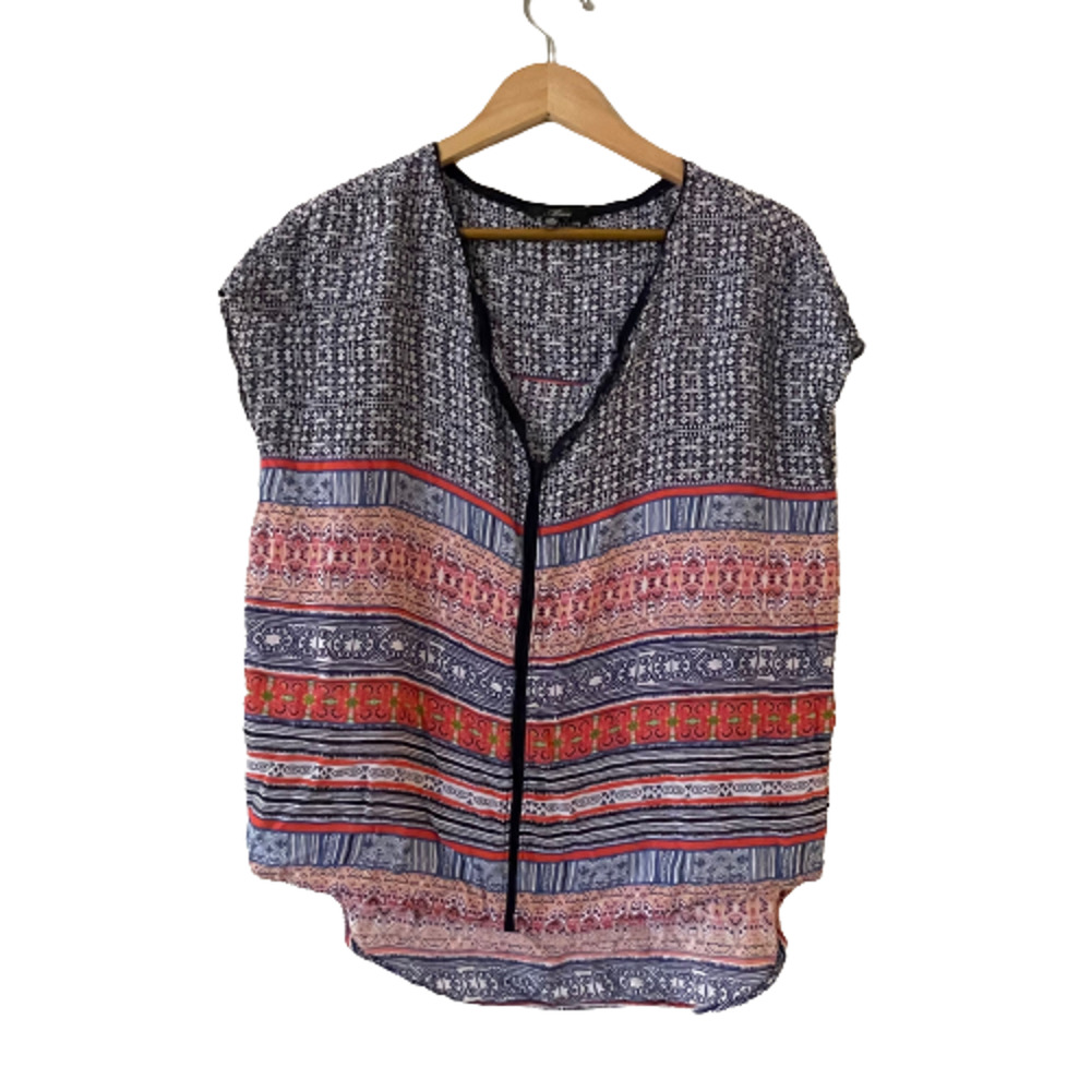 Mavi Stitch Fix Size M Striped Aztec Tribal V-neck Blouse High Low Multicolor‎